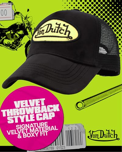 Image of Von Dutch Unisex Trucker Hat - Velvet Curved Bill Mesh Back Retro Classic Adjustable Snapback Baseball Cap for Men and Women