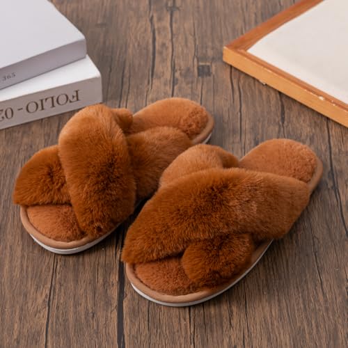 Image of Enteer Women's Slipper Memory Foam Cross Band Fuzzy Slippers Open Toe Cozy House Slippers Cozy Plush Bedroom Indoor Outdoor