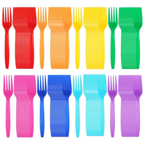 Greencian 400Pcs Rainbow Neon Disposable Plastic Forks 8 Colorful