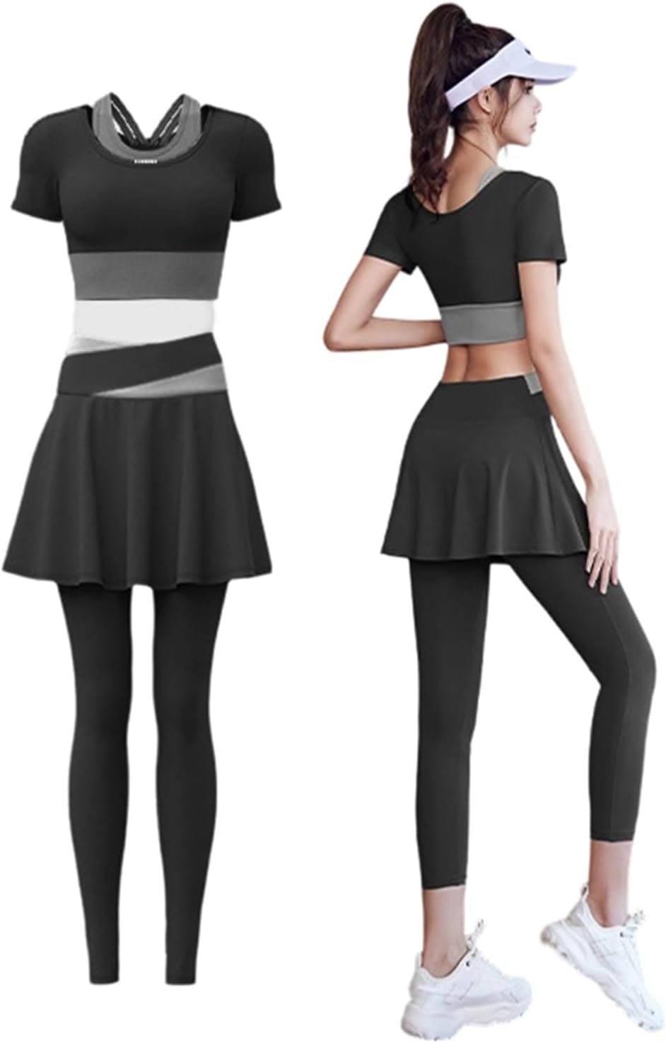 Women’s Three-piece Tennis Outfit,cropped Top, Shorts,women’s High-waisted Running, Golf and Fitness Wear(Black,XX-Large)