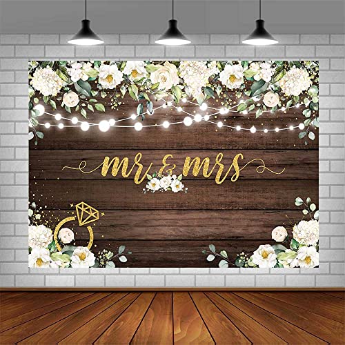 Aibiin 7X5Ft Mr & Mrs Backdrop Bridal Shower Rustic Wooden White Flowers Photography Background Wedding Bachelorette Party Decirations Banner Photo Booth Props #TOP3