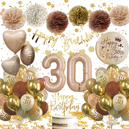 Balões 30 aniversários, 30 anos decoração de aniversário castanho bege ouro, 30 anos balões decoração de aniversário, decoração de festa 30 aniversários, grinalda e balões para homens mulheres de 30