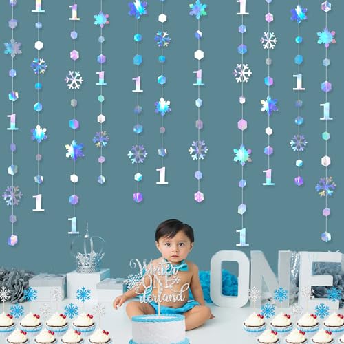 Image of 52Ft Winter Onederland Birthday Decorations Iridescent Snowflakes 1st Holographic Paper Snowflakes Garland Streamer for Winter Wonderland Christmas Frozen Snowflake First Birthday Party Supplies