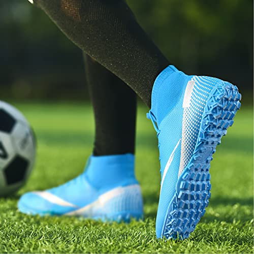 Haloteam Men's Soccer Shoes Cleats Professional High-Top Breathable Athletic Football Boots For Outdoor Indoor Tf/Ag,R2150 Blue,7.5 Us #TOP5