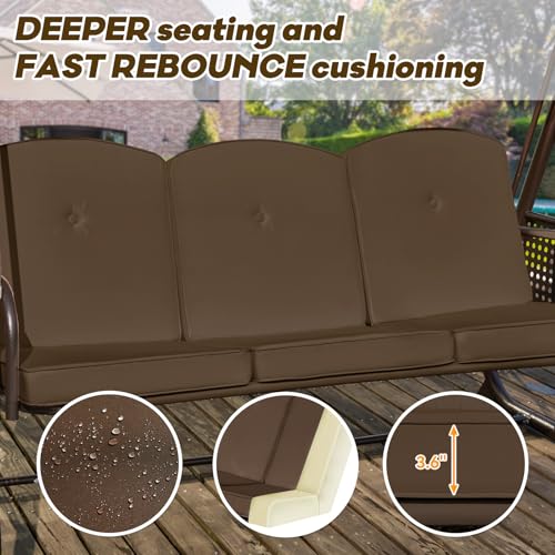 Image of 3 in 1 Outdoor Porch Swing with Adjustable Canopy, 3 Seat Outdoor Swing for Adults, Patio Swing Chair with Thickened Cushions,Pillows & Cup Holders for Backyard, Porch, Garden (Brown)