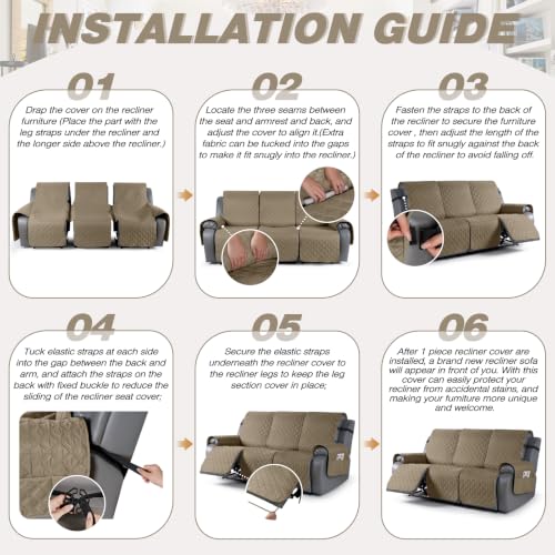 Image of TAOCOCO 100% Waterproof Recliner Covers With Leg Straps, Reversible Recliner Couch Cover For Reclining Chair, Washable Couch Protector For Pets Kids (3 Seater, Khaki)