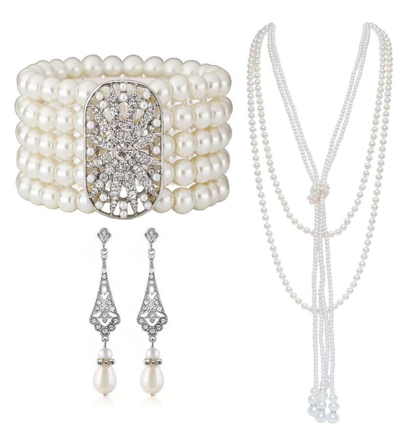 Cizoe Art Deco 20s 30s Flapper Acessories Jewelry Set Great Gatsby Inspired Bridal Pearl Elastic 20s Pearl Bracelet Bangle Long Pearl Necklace Rhinestone Pearl Earrings for Women and Girls