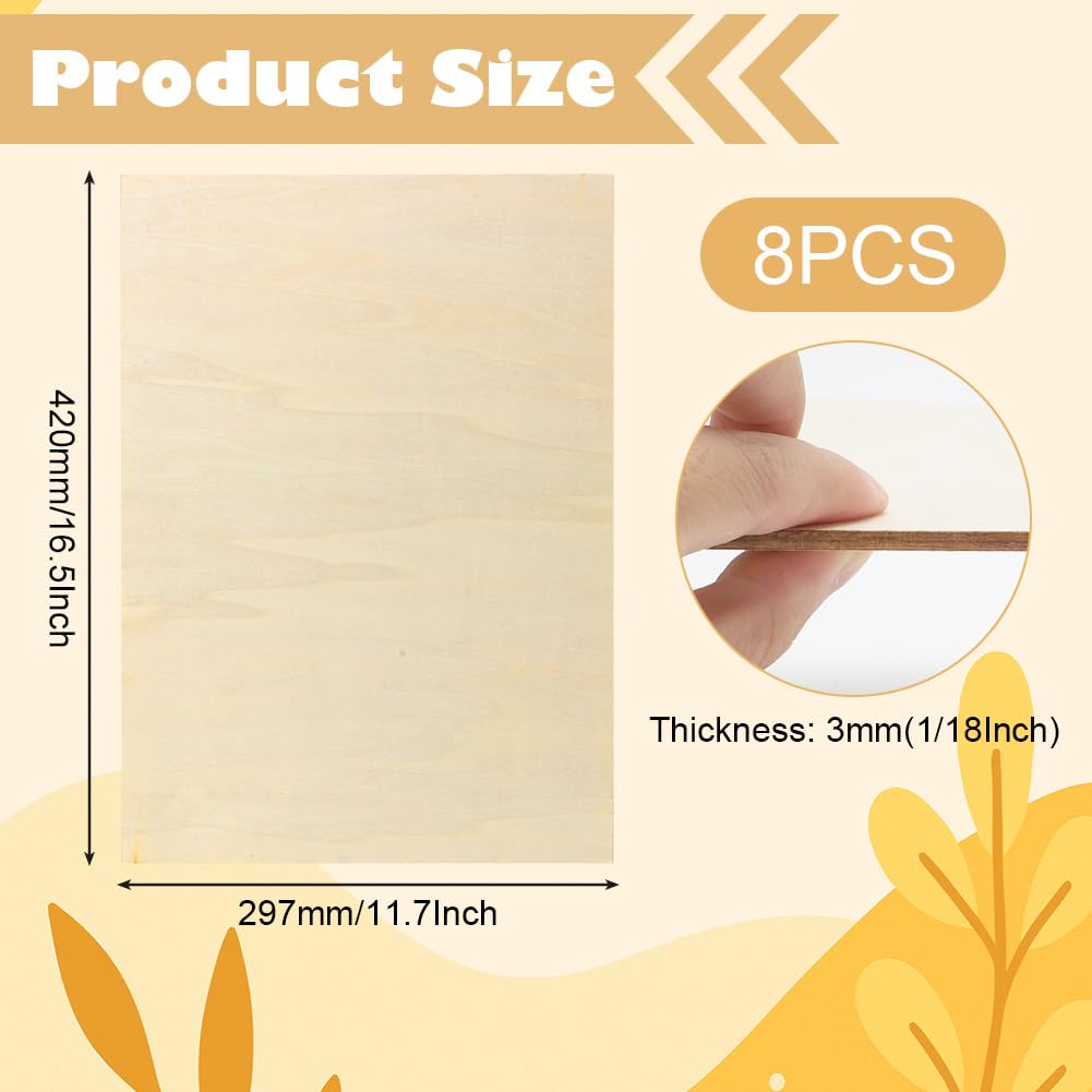 Yuragim 8 Stück A3 Linde Sperrholz 420x297x3 mm Lindensperrholz, Laserfähig Sperrholzplatte, Holzplatten zum Basteln für DIY Holzarbeiten,Laserbearbeitung,Brandmalerei,Modellbau,Gemälde,Geschenke,Deko