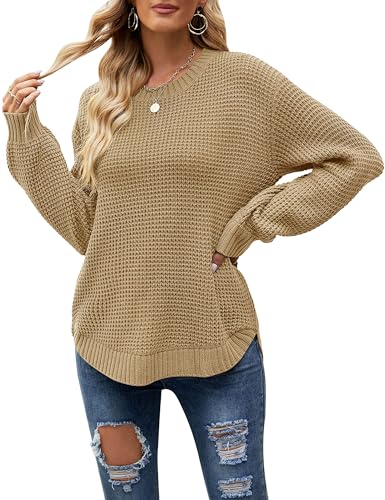 Image of MEROKEETY Women's Fall Long Sleeve Waffle Knit Oversized Sweater | Fall Fashion, Crew Neck, Tunic, Dressy Casual, Trendy, Cute, Pullover Tops, Long Lantern Sleeves, Loose Fit, Drop Shoulder