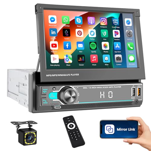 Inefala Autoradio 1 DIN con Schermo a Scomparsa, 7 Pollici Touchscreen Stereo Auto Bluetooth con Mirror Link Radio FM EQ 2USB+Type-C AUX SWC +Retrocamera+Telecomando