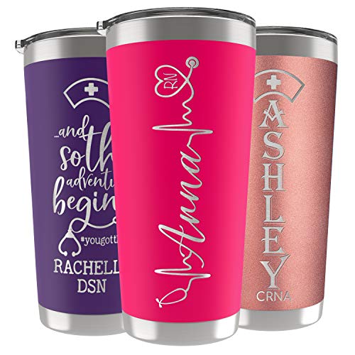 Nurse Gifts for Women, Personalized 20 oz Nurse Tumbler with Lid - Hot Pink - Custom Laser Engraved Nurse Appreciation Gifts, Nurse Practitioner Presents, Nurse Graduation, Nurse Day, Week