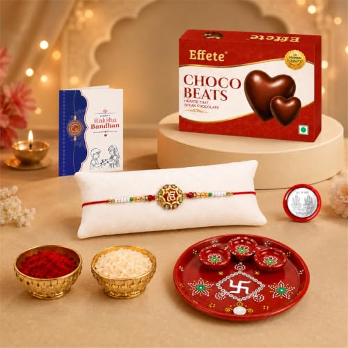 Image of DeoDap Rakhi with Chocolate & Pooja Thali for Brother - Ek Onkar Design Round Shape Rakhi with Chocolate, Silver Color Coin, Greeting Card, Pooja Thali & Tilak Set - Raksha Bandhan Combo Pack