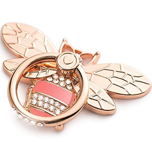 Bee Cell Phone Ring Holder with Crystal Stone, Allengel Sparkly Finger Kickstand Back Stand Hand Pop Grip with Knob Loop Compatible with Smartphone, Mobile Cute Decor Beauty Phone - Rose Gold Pink