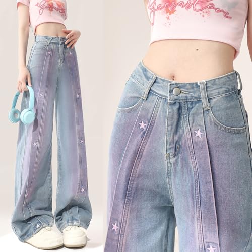 Harajuku Fashion High Waist Baggy Jeans Y2K Vintage Star Tie-Dye Casual Straight Leg Wide Leg Denim Pants3
