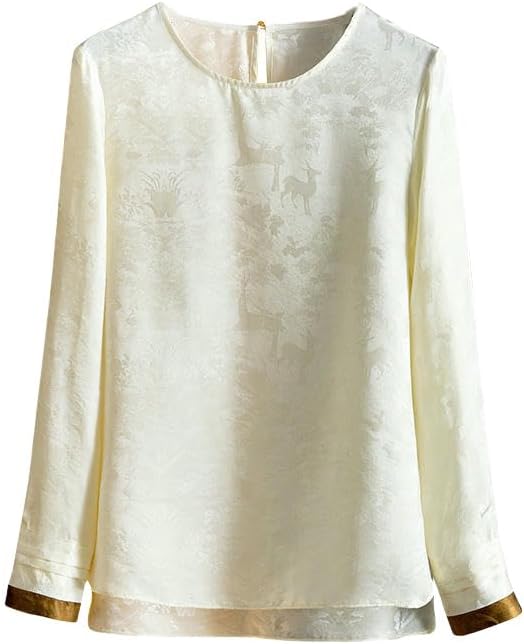 Women's Silk Jacquard Color Block Blouse Spring Round Neck Versatile Mulberry Silk Long Sleeve Top
