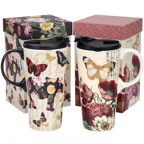 Topadorn Ceramic Coffee Mug Set of 2, 17 Oz Tea Cups with Handle and Lid for Latte, Tea, Cappuccino, Milk, Cocoa, Microwave&Dishwasher Safe, Flowers and Butterflies