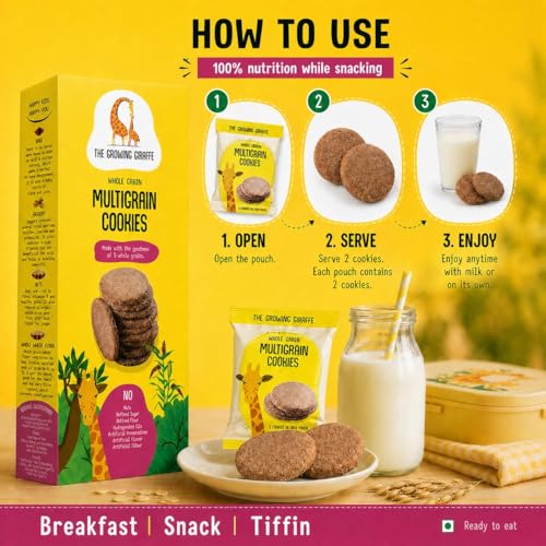 Image of The Growing Giraffe Multigrain and Ragi Cookie- Calcium-Rich Ragi, 5 Whole Grains, No Refined Sugar, No Maida, No palm oil, Nut-Free, Healthy Biscuits with jaggery and butter for Kids & Grown-Up Adults- Pack of 2