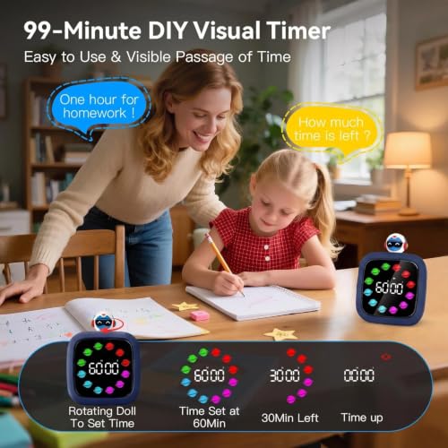 Image of Yunbaoit Digital Visual Timer for Kids, 99-Minute Countdown, Rechargeable | Dark Blue Protective Case, 19 Music Alarm, Pause Function, 9 Optional DIY Color Planet Display, Robot Doll, for Homeschool