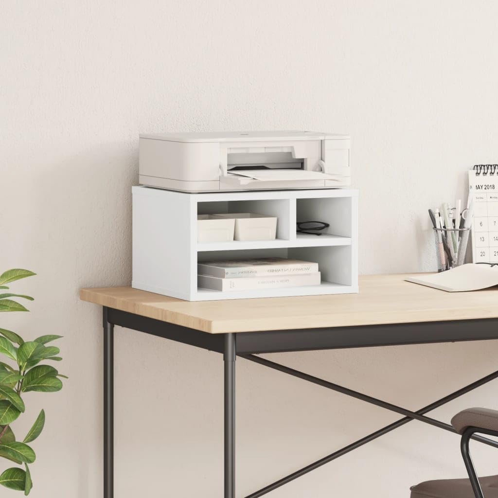 Supporto per stampante, bianco, 40 x 32 x 22,5 cm, in legno, organizer multifunzione per stampanti, documenti e forniture per ufficio, utilizzabile anche come libreria o comodino