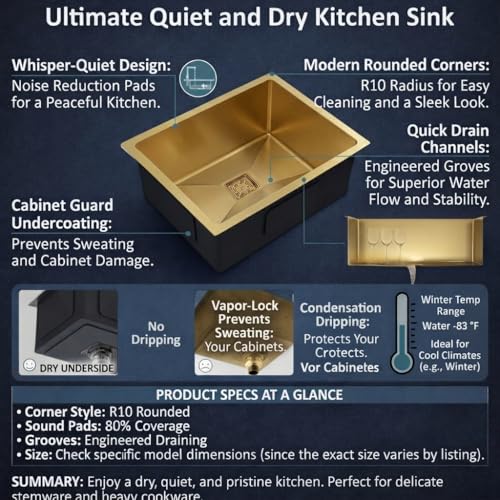 Image of RUVEL Kitchen Sink 24 inchx18 inchx9 inch | Premium Handmade 304 Grade Stainless Steel Single Bowl | Heavy Duty, Rust & Scratch Resistant | Includes Waste Coupling, Drain Rack & Hose Pipes | Gold - Matt Finish