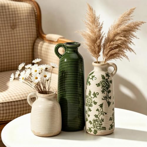 Ceramic Vase Set of 3 with Handles, Green White Neutral Rustic Modern Farmhouse Boho Decor, Versatile as Table Centerpiece or Mantel & Shelf Accent - Unique Home Gift Idea - Image 5