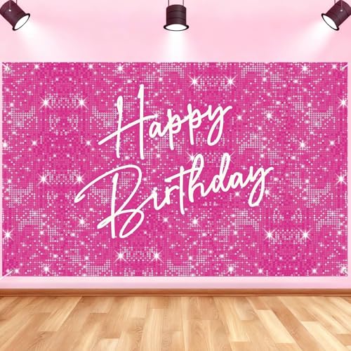 Image of Glitter Happy Birthday Backdrop Banner, Pink Birthdays Banner Backdrop, Happy Birthday Party Decoration Yard Sign Background for Girl Women Birthdays Party Indoor Outdoor Decorations