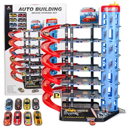 CELMAN Parkgarage Spielset f&uuml;r Kinder - Multilevel Spielzeugauto Parkhaus mit Handbetriebener Aufzug inkl. 8 Metall Autos, Helikopter und Zubeh&ouml;r, Spielzeug f&uuml;r Kinder ab 3 4 5 6 7 8 Jahren