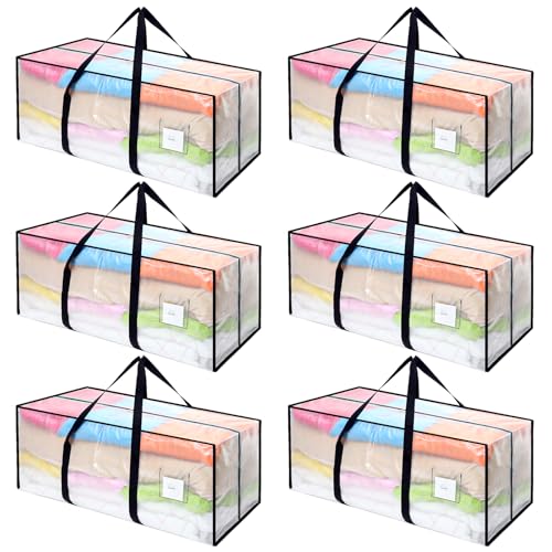 Dntorx Lot de 6 sacs de rangement robustes de 120 l - Cartons de déménagement transparents - Avec poignée zippée - Pliable - Pour sapin de Noël, déménagement, linge de lit, vêtements