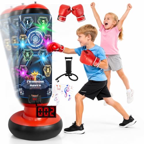 Image of Kids Punching Bag with Gloves & Pump, Inflatable Boxing Set Electronic Boxing Bag with Music & Lights, Freestanding Martial Arts Toy with 4 Smart Game Modes, Birthday Gift for Boys and Girls Ages 4-12