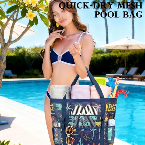 Image of Fammart Mesh Beach Bag for Women, Large Beach Toy Pool Bag with Zipper Pocket, SandProof Cruise Essentials 2026 Family Travel