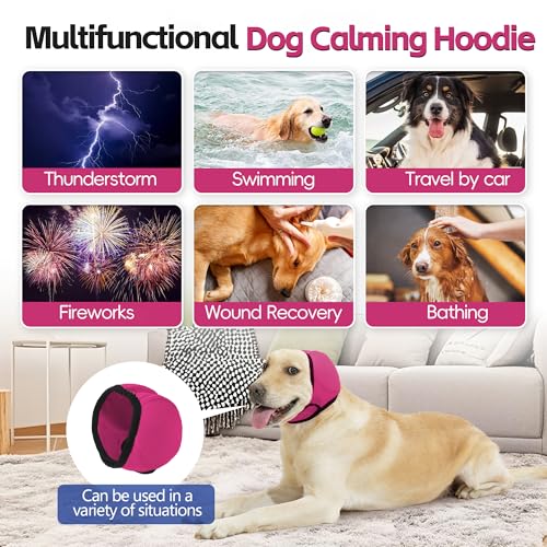 Image of Dog Calm Hoodie Ear Wraps for Dogs, Waterproof Dog Swim Cap, Ear Cover Muffs for Anxiety Relief Noise Cancelling, Dog Head Warp Ear Protection for Hematoma Fireworks Bath Swim Blow Drying(S,Rose Redd)