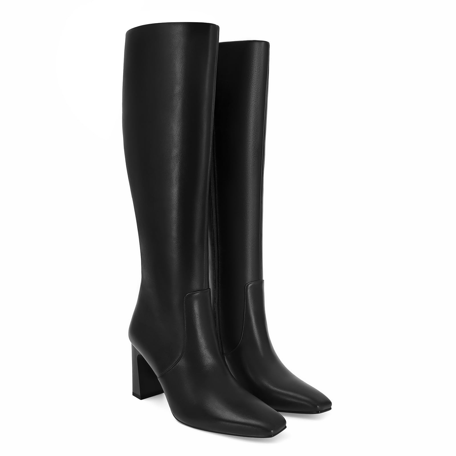 SOVANYOU Knee High Boots For Women Leather Chunky Heeled Boots Fashion Dress Square Toe Tall Boot With Side