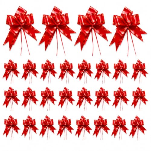 Image of Prokart - Pull Bow Gift Ribbon for Gift Wrapping, Large Decorative Pull Bows for Presents, Hampers, Flower Bouquets, Wedding, Birthday, Christmas & Party Decorations (30MM, Red, Pack of 50PC)