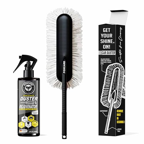 Image of Foxcare Car Duster Ceramic Wax Infused Scratch Free Microfiber Duster Easy Grip Handle Car Bike Cleaning Tool for Dust Removal (Duster + Rejuvenator)