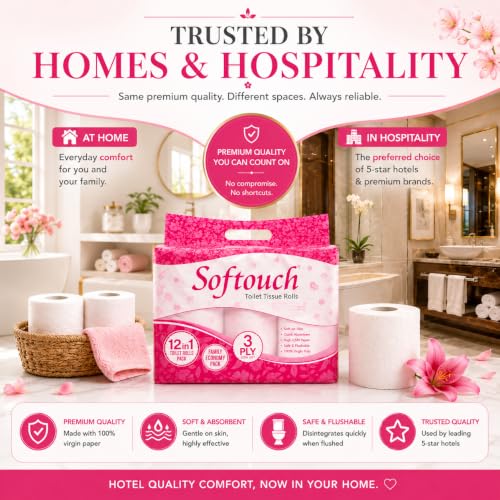 Image of Softouch 2 Ply Toilet Paper Tissue Roll | 145 Sheets Per Roll | 250 Rolls | Total 36,250 Sheets | Soft & Durable | Hypoallergenic | Safe for All Skin Types