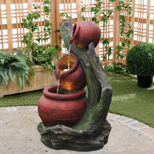 Outdoor Water Fountain Cascading Tiered Urn Rainforest Tree Trunk Rustic