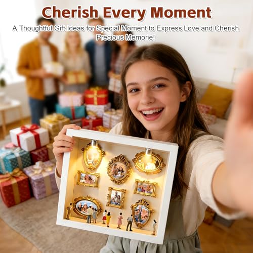 DIY Mini Museum Silhouette Box, Mini Menschen Figuren Museum, Minis Museums Bilderrahmen Mit Beleuchtung, Kreatives Bilderrahmenn mit Golden Rahmen & 8 Figuren Für Jahrestag Oder Hochzeit(Weiß)