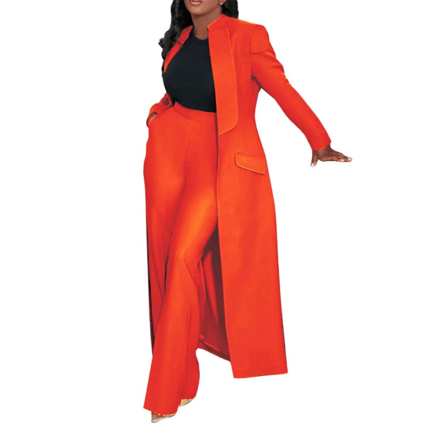 Women Two Piece Dressy Long Blazer Jackets High Waisted Straight Leg Pants Suits Set Business Casual Office