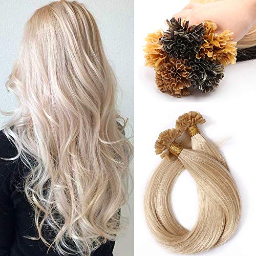 40cm - Silk-co Extensiones de Queratina Cabello Natural 1g * 100 Mechas 100% Remy sin Clip U Tip Keratina Hair Extensions Pelo Humano - 24# Rubia Natural Cover