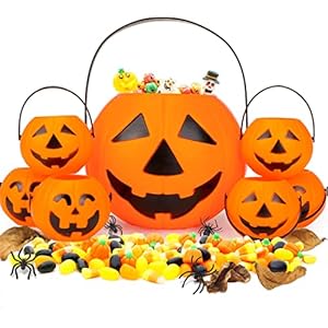 Brown Leaf 7pcs Halloween Portable Pumpkin Buckets, 1 Large Pupmkin Trick or Treat Pumpkin 6 Small Jack-O-Lantern…