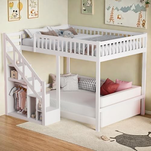 Kinderbett Etagenbett 90x200 cm, Hochbett mit Treppe und Stauraum, Kinderbetten mit Lattenrost und Rausfallschutz, Funktionsbett Stockbett...