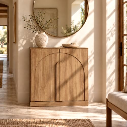 BELLEZE Bijou Bookcase with Wood Door - Camel | Arched Silhouette,Integrated Wood Handle,Adjustable Shelf,for Living Room Home Office,Pair with Bijou Collection