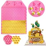 3Pcs Bumble Bee Silicone Mold, Honeycomb and Bee Fondant Molds Kit, Beehive Baking Chocolate Molds for Cupcake Cake Decorating, DIY Fondant Candy Cookies Crafting,Party Wedding Cake Crafts (Pink)