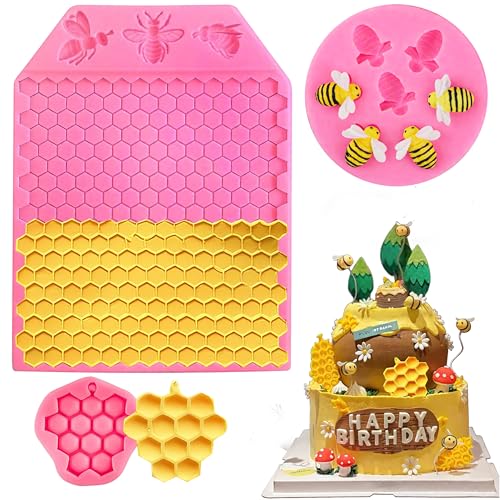 3Pcs Bumble Bee Silicone Mold, Honeycomb and Bee Fondant Molds Kit, Beehive Baking Chocolate Molds for Cupcake Cake Decorating, DIY Fondant Candy Cookies Crafting,Party Wedding Cake Crafts (Pink)