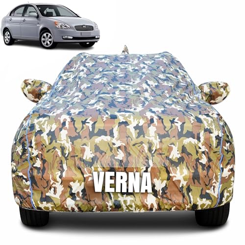 Image of 100% Waterproof Car Body Cover for Hyundai Verna with Mirror Pocket (Heat & UV Resistant, Triple Stitched, Soft Lining, Bottom Elastic & Piping) Camouflage, Military Print