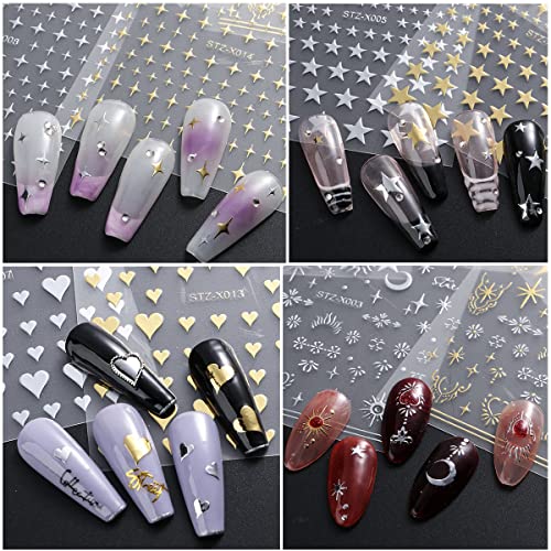 10 Sheets Metallic Nail Art Stickers Decal,3D Gold Nail Stickers Self-Adhesive Nail Decals Glitter Stars Moon Love Heart Gold Silver Nail Design Sticker Nail Art Decorations Women Diy Nail Accessories #TOP4