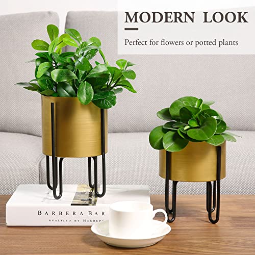 Mygift Matte Brushed Gold Metal Planter, Indoor Plant Pot With Stand, 5 Inch Pots With Black Wire Loop Feet Stand, 2 Piece Set #TOP1