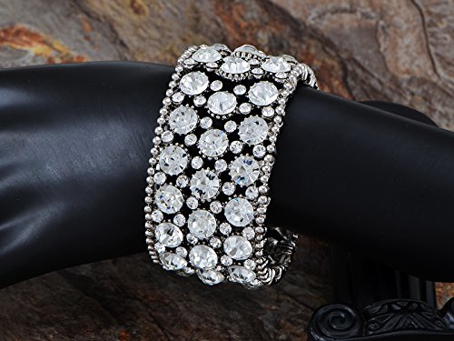 Alilang Silvery Tone Shiny Clear Crystal Rhinestones Flower Stretch Bridal Cuff Bangle Bracelet2