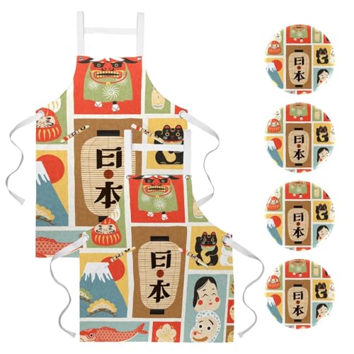 Lot de 2 tabliers de cuisine avec 4 broches motif culture japonaise