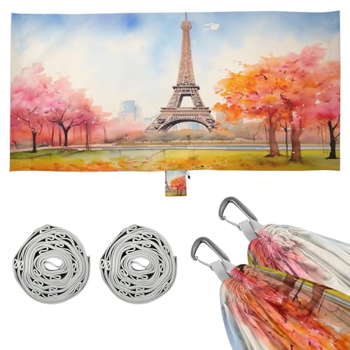 SDMKA Watercolor Painting French Camping Hammock, 330 lbs with 2 Tree Straps, Carry Bag, Single Portable Hammock for Outdoor/Indoor, Hiking, Beach, Backpacking, Travel